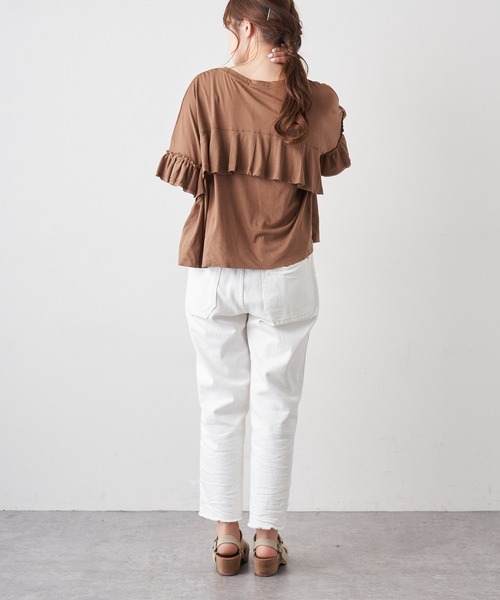 PUAL CE CIN（ピュアルセシン）の「オーガニック天竺フリルTシャツ（Tシャツ/カットソー・レディース・ブラック/ブラウン/オフホワイト・FREE）」の5枚目の写真