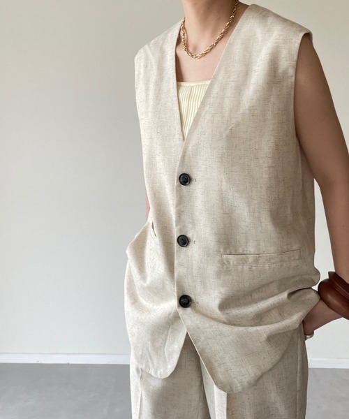 y/m by misato（イムバイミサト）の「リネンライクノースリジレ（ノーカラージャケット・レディース・ベージュ/アイボリー・FREE）」の8枚目の写真