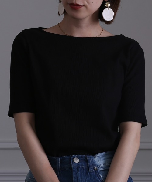 ElegChic（エレグシック）の「ボートネックコットンリブTシャツ（Tシャツ/カットソー・レディース・ブラック/ベージュ/オフホワイト・4L/L/XL/XXL/M）」の6枚目の写真