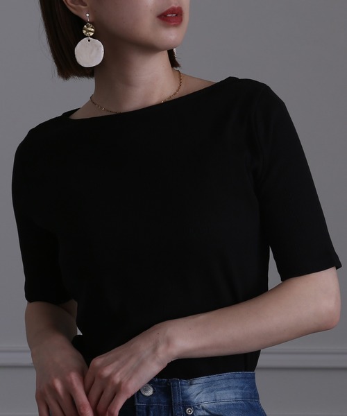 ElegChic（エレグシック）の「ボートネックコットンリブTシャツ（Tシャツ/カットソー・レディース・ブラック/ベージュ/オフホワイト・4L/L/XL/XXL/M）」の7枚目の写真