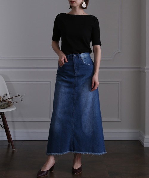 ElegChic（エレグシック）の「ボートネックコットンリブTシャツ（Tシャツ/カットソー・レディース・ブラック/ベージュ/オフホワイト・4L/L/XL/XXL/M）」の8枚目の写真