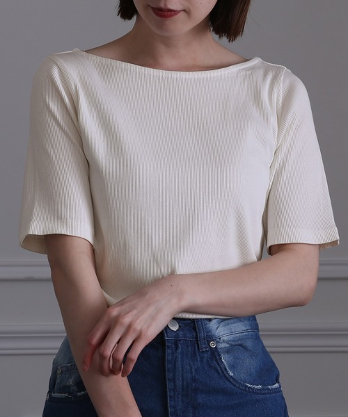 ElegChic（エレグシック）の「ボートネックコットンリブTシャツ（Tシャツ/カットソー・レディース・ブラック/ベージュ/オフホワイト・4L/L/XL/XXL/M）」の11枚目の写真