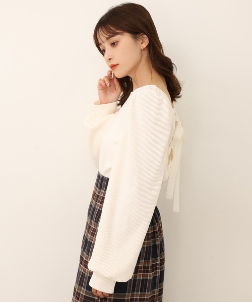 one after another NICE CLAUP（ワンアフターアナザーナイスクラップ）の「バックレースアップテレコトップス（Tシャツ/カットソー・レディース・ブラック/ベージュ/ピンク/アイボリー・FREE）」の5枚目の写真