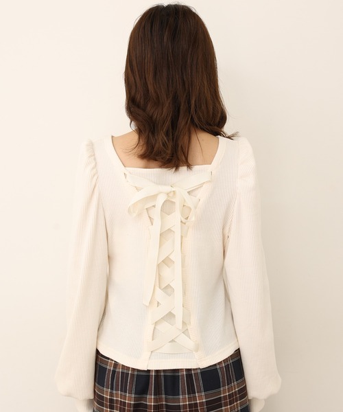 one after another NICE CLAUP（ワンアフターアナザーナイスクラップ）の「バックレースアップテレコトップス（Tシャツ/カットソー・レディース・ブラック/ベージュ/ピンク/アイボリー・FREE）」の7枚目の写真