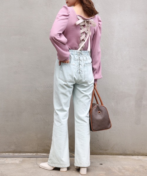 one after another NICE CLAUP（ワンアフターアナザーナイスクラップ）の「バックレースアップテレコトップス（Tシャツ/カットソー・レディース・ブラック/ベージュ/ピンク/アイボリー・FREE）」の9枚目の写真