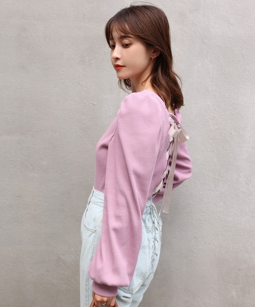 one after another NICE CLAUP（ワンアフターアナザーナイスクラップ）の「バックレースアップテレコトップス（Tシャツ/カットソー・レディース・ブラック/ベージュ/ピンク/アイボリー・FREE）」の21枚目の写真