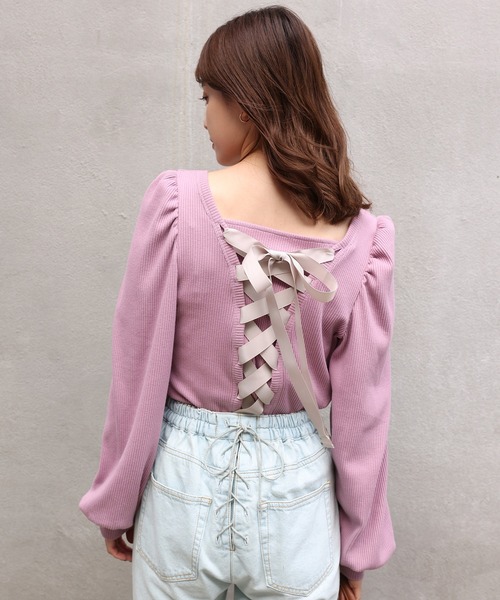 one after another NICE CLAUP（ワンアフターアナザーナイスクラップ）の「バックレースアップテレコトップス（Tシャツ/カットソー・レディース・ブラック/ベージュ/ピンク/アイボリー・FREE）」の17枚目の写真