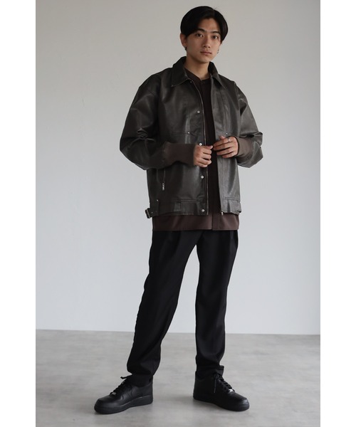 CREARE -LINO-（クレアーレリノ）の「フェイクレザー ビックシルエット 比翼ブルゾン<ユニセックス>（ライダースジャケット・メンズ・ブラック/ダークブラウン・L/M）」の22枚目の写真