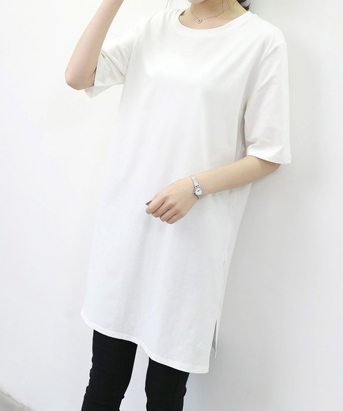 Felt-Maglietta(フェルトマリエッタ)の「サイドスリットルーズカットソー半袖(Tシャツ/カットソー・レディース・ブラック/ダークグレー/モカ/グリーン/ホワイト/ネイビー・FREE/X-LARGE/XX-LARGE)」の2枚目の写真