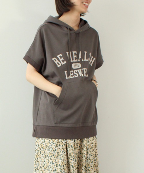 leswel（レスウェル）の「【M～5L 大きいサイズ】ロゴ入り チュニック パーカー（Tシャツ/カットソー・レディース・チャコールグレー/ラベンダー/クリーム・M/4L/3L/LL/L/5L）」の2枚目の写真