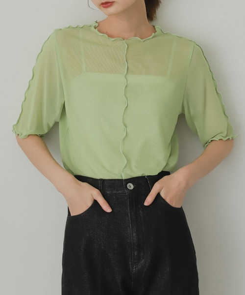 SENSE OF PLACE by URBAN RESEARCH(センスオブプレイスバイアーバンリサーチ)の「チュールトップ(5分袖)(Tシャツ/カットソー・レディース・グリーン/ピンク/アイボリー・ONE)」の1枚目の写真