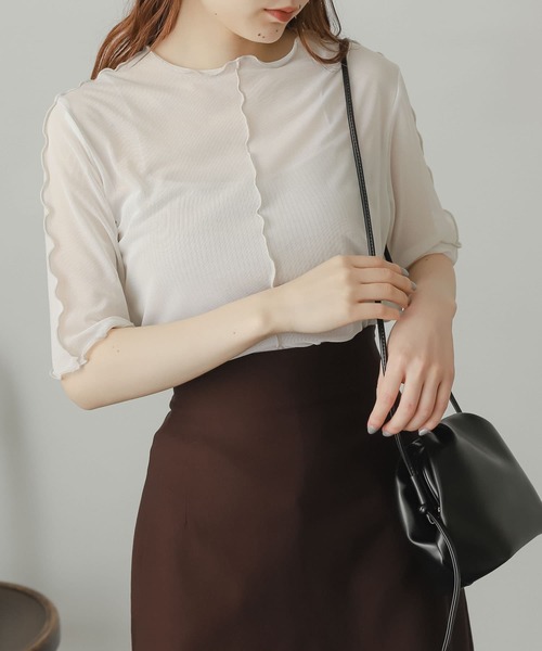 SENSE OF PLACE by URBAN RESEARCH(センスオブプレイスバイアーバンリサーチ)の「チュールトップ(5分袖)(Tシャツ/カットソー・レディース・グリーン/ピンク/アイボリー・ONE)」の2枚目の写真