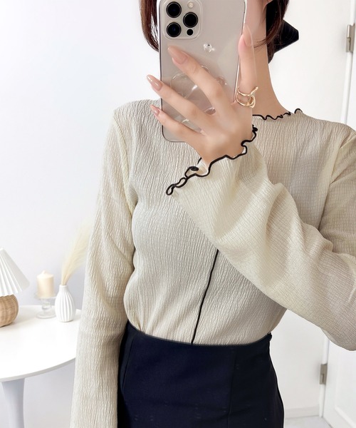 セール】一枚で美人見え。2way配色メロウシャーリングトップス(長袖