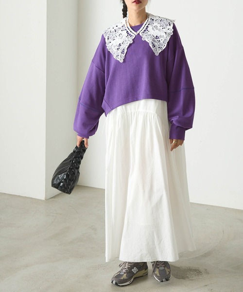 forksy.（フォルクシー）の「【forksy.】配色ステッチショート丈ボリュームスリーブスウェットプルオーバー（スウェット・レディース・パープル/オートミール/ネイビー・FREE）」の19枚目の写真