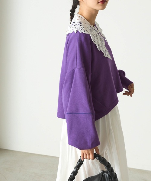 forksy.（フォルクシー）の「【forksy.】配色ステッチショート丈ボリュームスリーブスウェットプルオーバー（スウェット・レディース・パープル/オートミール/ネイビー・FREE）」の15枚目の写真