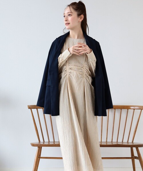 Ray BEAMS（レイビームス）の「Ray BEAMS / チェック バック レースアップ ワンピース（ワンピース・レディース・ベージュ/ラベンダー・0/1）」の3枚目の写真