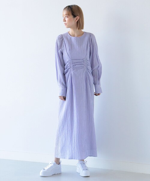 Ray BEAMS（レイビームス）の「Ray BEAMS / チェック バック レースアップ ワンピース（ワンピース・レディース・ベージュ/ラベンダー・0/1）」の14枚目の写真