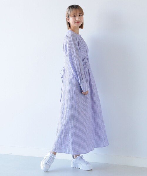 Ray BEAMS（レイビームス）の「Ray BEAMS / チェック バック レースアップ ワンピース（ワンピース・レディース・ベージュ/ラベンダー・0/1）」の20枚目の写真