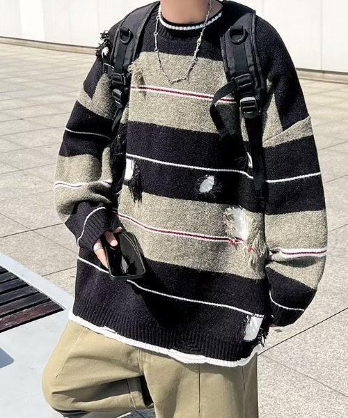 MGV(エムジーヴィー)の「ダメージマルチボーダーニット(ニット/セーター・メンズ・グレー/ブラウン・MEDIUM/LARGE/X-LARGE)」の1枚目の写真