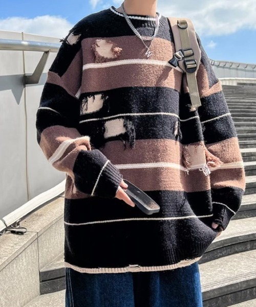 MGV(エムジーヴィー)の「ダメージマルチボーダーニット(ニット/セーター・メンズ・グレー/ブラウン・MEDIUM/LARGE/X-LARGE)」の4枚目の写真