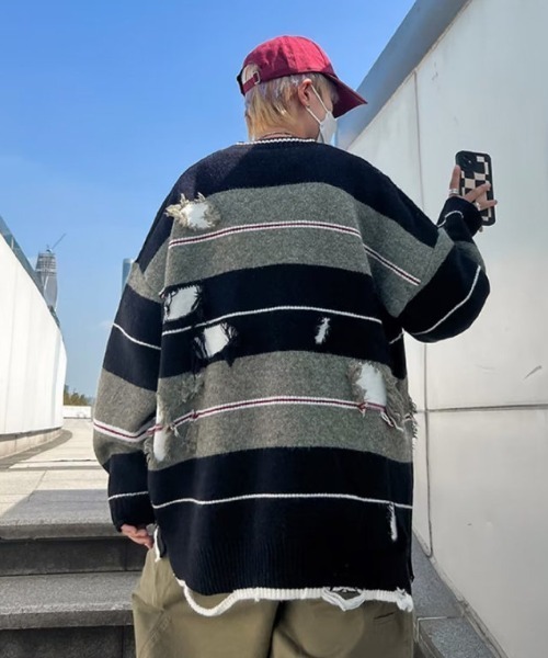 MGV(エムジーヴィー)の「ダメージマルチボーダーニット(ニット/セーター・メンズ・グレー/ブラウン・MEDIUM/LARGE/X-LARGE)」の11枚目の写真