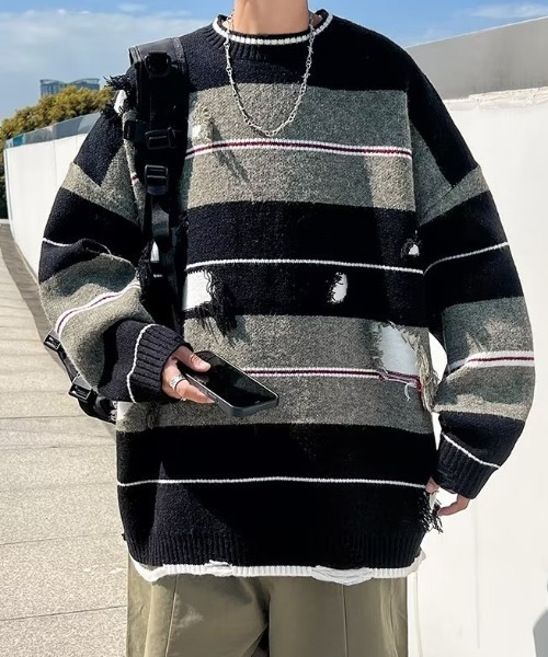 MGV(エムジーヴィー)の「ダメージマルチボーダーニット(ニット/セーター・メンズ・グレー/ブラウン・MEDIUM/LARGE/X-LARGE)」の6枚目の写真