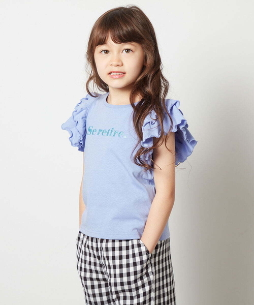 a.v.v（アーヴェヴェ）の「[100-130]【マイルドライナーコラボ】袖フリルロゴカットソー（Tシャツ/カットソー・キッズ・グリーン/ライトブルー/レッド・120/130/100/110）」の2枚目の写真