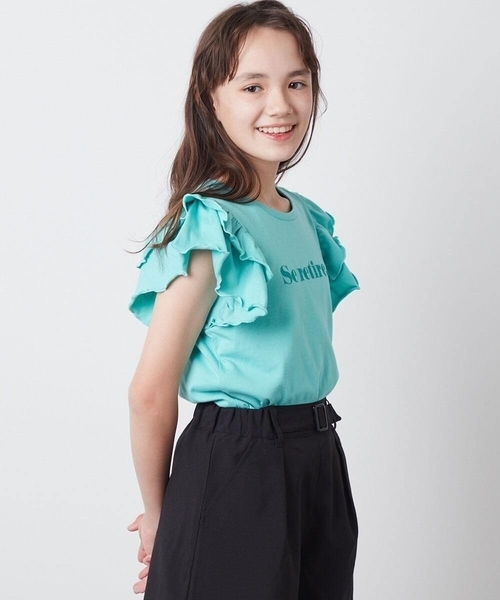 a.v.v（アーヴェヴェ）の「[100-130]【マイルドライナーコラボ】袖フリルロゴカットソー（Tシャツ/カットソー・キッズ・グリーン/ライトブルー/レッド・120/130/100/110）」の19枚目の写真