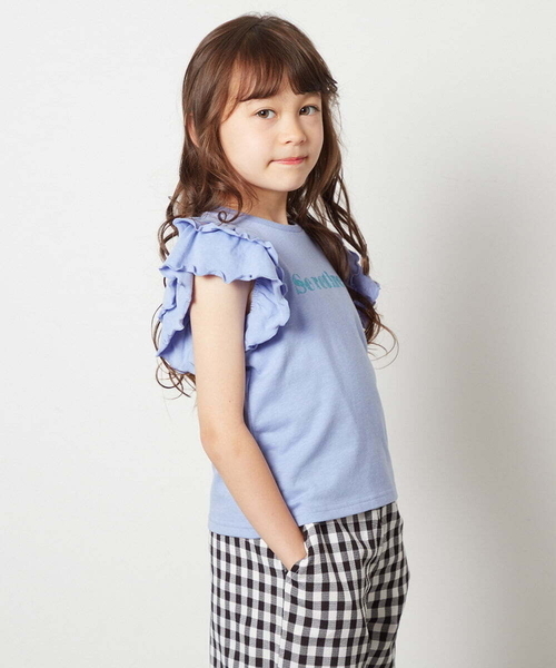 a.v.v（アーヴェヴェ）の「[100-130]【マイルドライナーコラボ】袖フリルロゴカットソー（Tシャツ/カットソー・キッズ・グリーン/ライトブルー/レッド・120/130/100/110）」の8枚目の写真