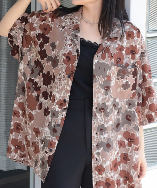 make a ray!（メイク ア レイ！）の「レーヨン総柄 オープンカラー ヴィンテージテイスト アロハシャツ/ 半袖シャツ/ボックスシルエット（シャツ/ブラウス・メンズ・ダークブラウン/ベージュ/ホワイト/ブラック/パープル/ブラウン/ネイビー/グレー・M/L/XL）」の15枚目の写真