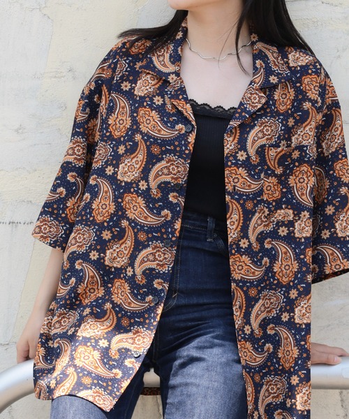 make a ray!（メイク ア レイ！）の「レーヨン総柄 オープンカラー ヴィンテージテイスト アロハシャツ/ 半袖シャツ/ボックスシルエット（シャツ/ブラウス・メンズ・ダークブラウン/ベージュ/ホワイト/ブラック/パープル/ブラウン/ネイビー/グレー・M/L/XL）」の17枚目の写真