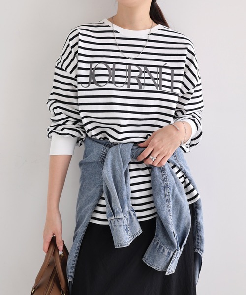 andme（アンドミー）の「フロッキーロゴプリントボリューム袖長袖Tシャツ（Tシャツ/カットソー・レディース・ベージュ系その他/ホワイト×ブラック/オフホワイト/ブラック/カーキ系/スミクロ・L/M）」の12枚目の写真