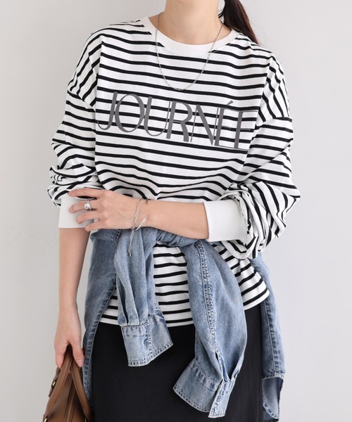 andme（アンドミー）の「フロッキーロゴプリントボリューム袖長袖Tシャツ（Tシャツ/カットソー・レディース・ベージュ系その他/ホワイト×ブラック/オフホワイト/ブラック/カーキ系/スミクロ・L/M）」の11枚目の写真