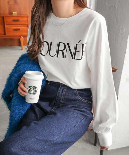 andme（アンドミー）の「フロッキーロゴプリントボリューム袖長袖Tシャツ（Tシャツ/カットソー・レディース・ベージュ系その他/ホワイト×ブラック/オフホワイト/ブラック/カーキ系/スミクロ・L/M）」の15枚目の写真