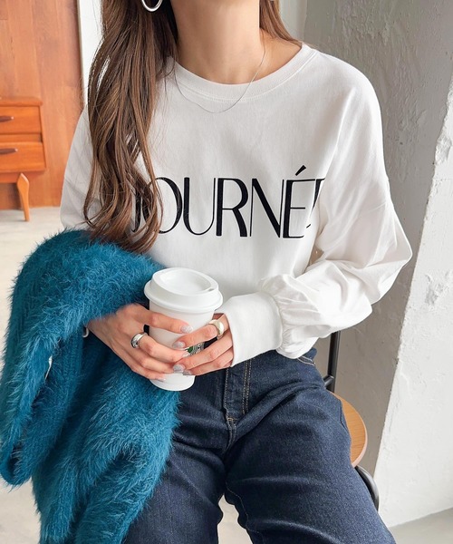 andme（アンドミー）の「フロッキーロゴプリントボリューム袖長袖Tシャツ（Tシャツ/カットソー・レディース・ベージュ系その他/ホワイト×ブラック/オフホワイト/ブラック/カーキ系/スミクロ・L/M）」の16枚目の写真