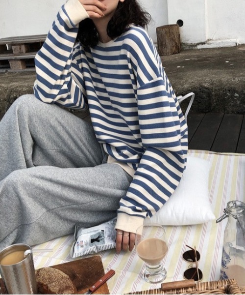 Burner(バーナー)の「【OKUOKU 0909】トレーナー / 薄手 / ストライプ oku-tops-687814437773-21(スウェット・レディース・ブルー系その他/ブラック系その他・L/M/XL)」の6枚目の写真