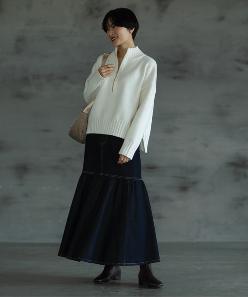 OPAQUE.CLIP（オペークドットクリップ）の「◆モックネックハーフジップニット【洗える】（ニット/セーター・レディース・ベージュ/オフホワイト/ダークグレー・02/03）」の22枚目の写真