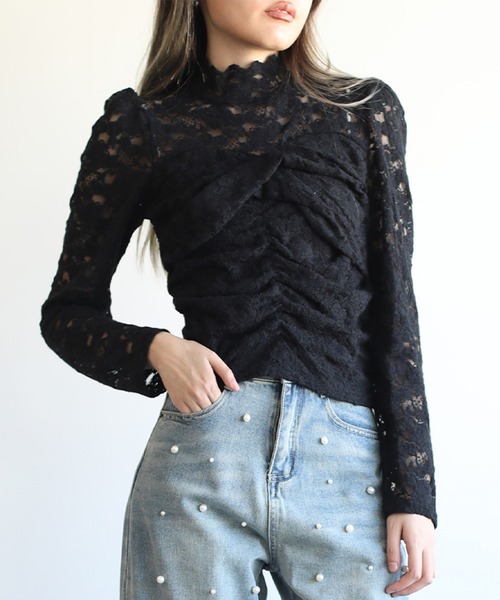 Jasmine Grandiflorum(ジャスミングランディフローラム)の「【Jasmine】レースハイネックシアーインナートップス(Tシャツ/カットソー・レディース・ブラック/チョコ/ベージュ・FREE)」の2枚目の写真