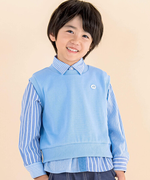 Noeil aime BeBe(ノイユエイムベベ)の「シャンブレーMIXストライプシャツ&ベストセット(80~130cm)(シャツ/ブラウス・キッズ・ブルー系その他/レッド系その他・120cm/110cm/130cm/100cm/90cm/80cm)」の2枚目の写真