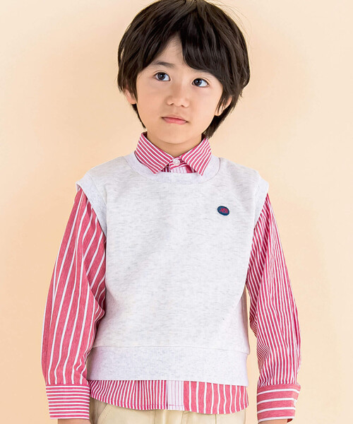 Noeil aime BeBe(ノイユエイムベベ)の「シャンブレーMIXストライプシャツ&ベストセット(80~130cm)(シャツ/ブラウス・キッズ・ブルー系その他/レッド系その他・120cm/110cm/130cm/100cm/90cm/80cm)」の1枚目の写真