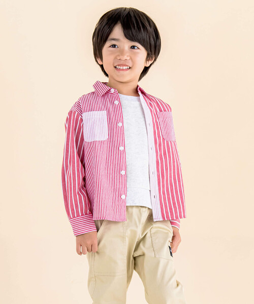 Noeil aime BeBe(ノイユエイムベベ)の「シャンブレーMIXストライプシャツ&ベストセット(80~130cm)(シャツ/ブラウス・キッズ・ブルー系その他/レッド系その他・120cm/110cm/130cm/100cm/90cm/80cm)」の3枚目の写真
