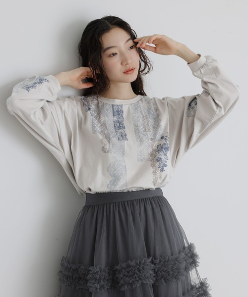 osharewalker（オシャレウォーカー）の「『レースプリントロンT』（Tシャツ/カットソー・レディース・グレイッシュベージュ・FREE）」の15枚目の写真