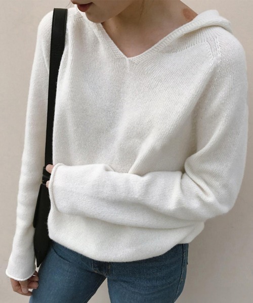 Miniministore(ミニミニストア)の「フード付き ニットトップス レディース(ニット/セーター・レディース・ブルー/ホワイト/モカ/ブラック/グレー・FREE)」の2枚目の写真