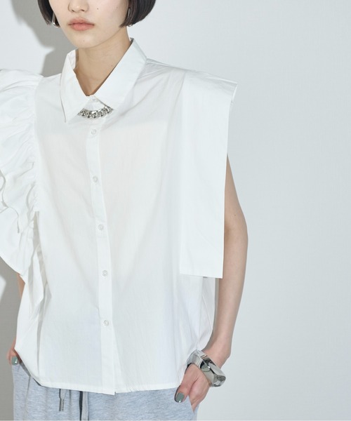 アシメラッフルデザインノースリシャツブラウス（シャツ