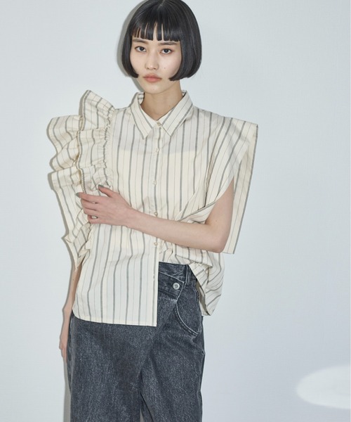 【1点もの・デザイン画付き】和柄アシメトリー変則ブラウス アシメラッフルデザインノースリシャツブラウス（シャツ