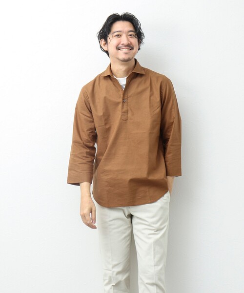 NOLLEY'S goodman（ノーリーズグッドマン）の「リネンブレンド 7分袖スキッパーシャツ（シャツ/ブラウス・メンズ・キャメル/ホワイト系その他/ネイビー・L/M/S）」の8枚目の写真