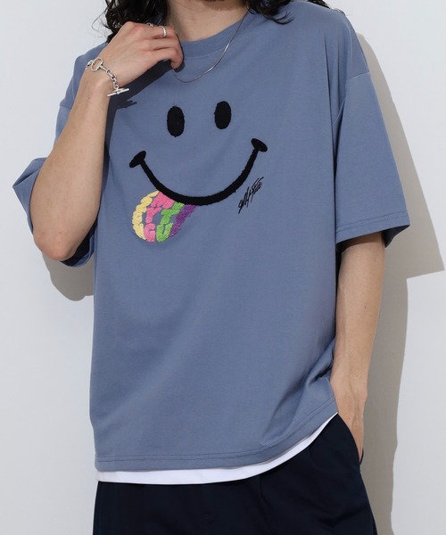 SMILEY FACE サガラ刺繍 オーバーサイズTシャツ UVカット