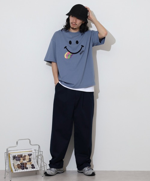 SMILEY FACE サガラ刺繍 オーバーサイズTシャツ UVカット