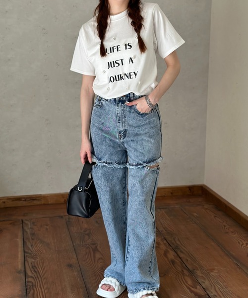 Per sist ence（パーシエンス）の「天竺パールBIGロゴTシャツ（Tシャツ/カットソー・レディース・イエロー/ブラック/オフホワイト・FREE）」の6枚目の写真