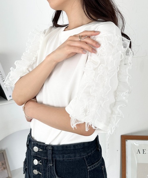 セール】チュールフリルボリュームスリーブトップス（Tシャツ